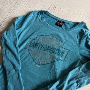 Harley-Davidson Sparkle Rhinestone Long Sleeve Logo Tee SD Size Small Teal Blue